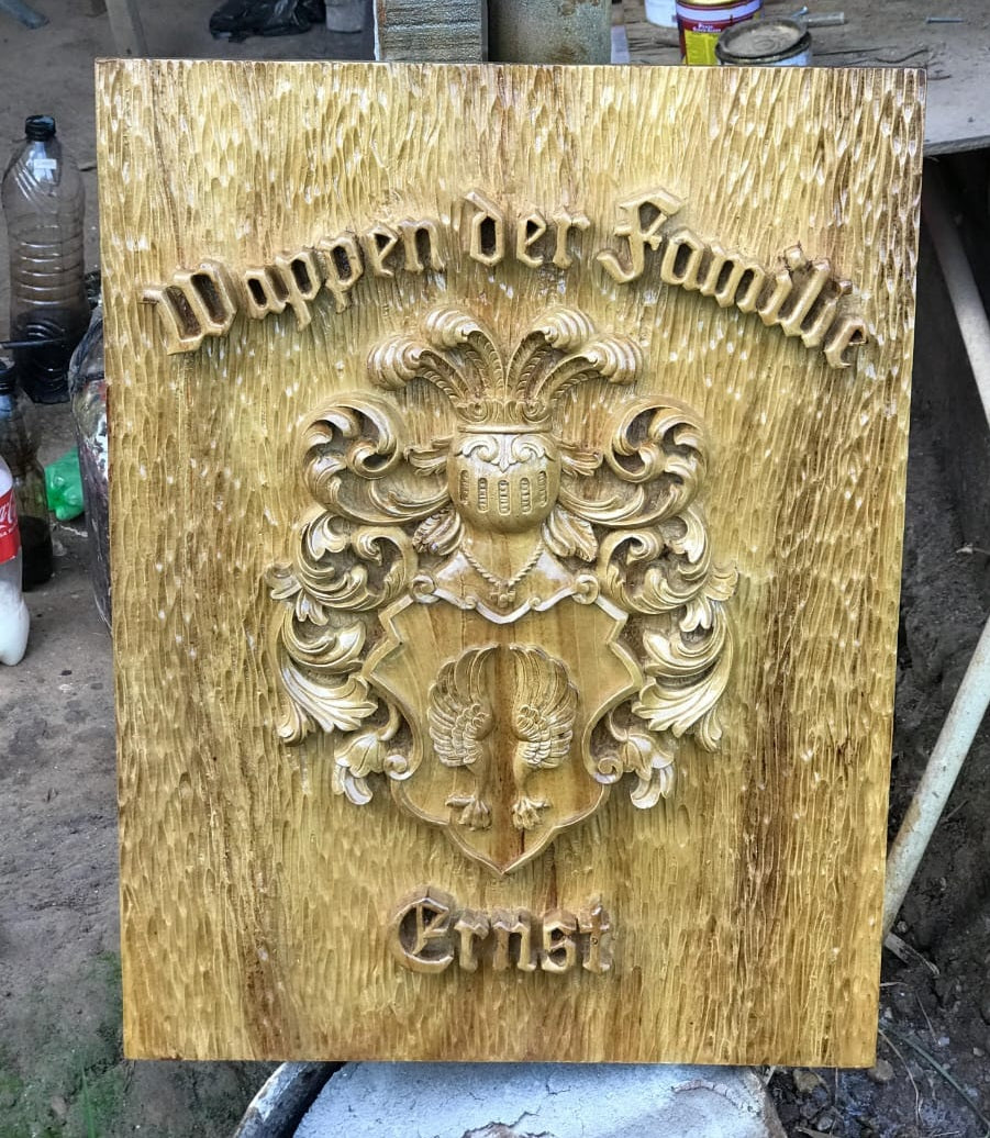 Custom Carved Family Crest : Hand-Carved Wood Coat of Arms
