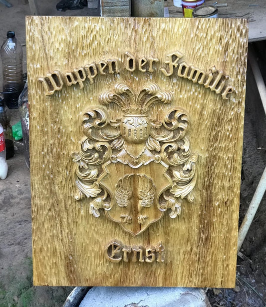 Custom Carved Family Crest : Hand-Carved Wood Coat of Arms