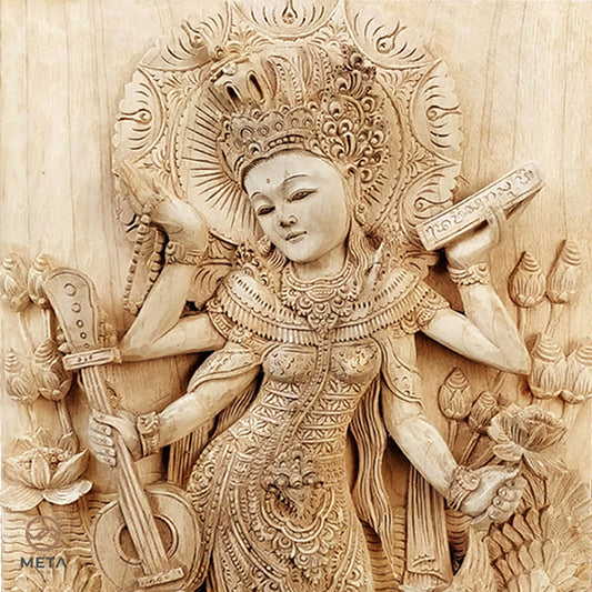 Balinese Carving Art : Goddess Saraswati - Meta Wood - Dark Brown Stained
