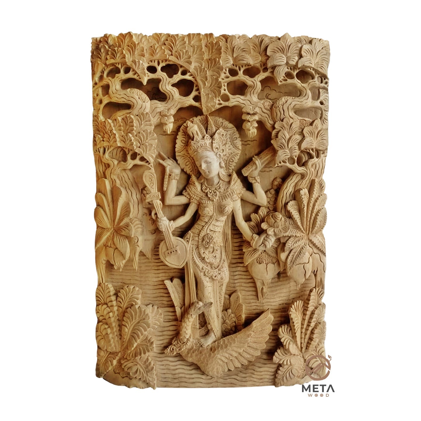 Balinese Carving Art : Hindu Goddess Saraswati - Meta Wood - Dark Brown Stained