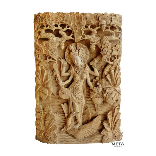 Balinese Carving Art : Hindu Goddess Saraswati - Meta Wood - Dark Brown Stained