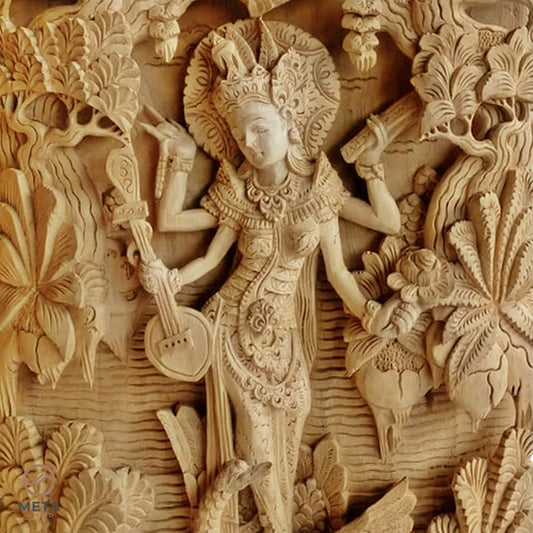 Balinese Carving Art : Hindu Goddess Saraswati - Meta Wood - Dark Brown Stained