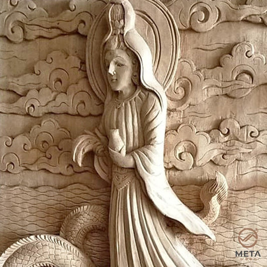 Balinese Carving Art : Kuan Yin Ridding Dragon - Meta Wood - Dark Brown Stained