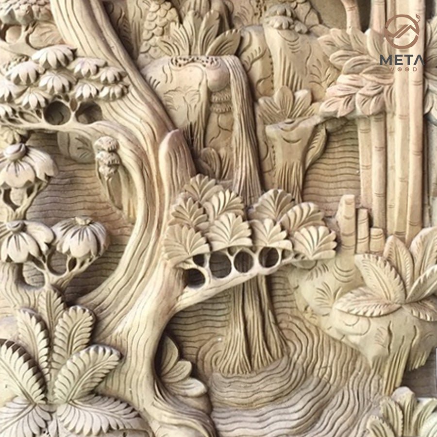 Balinese Carving Art : Rainforest Waterfall - Meta Wood - Dark Brown Stained