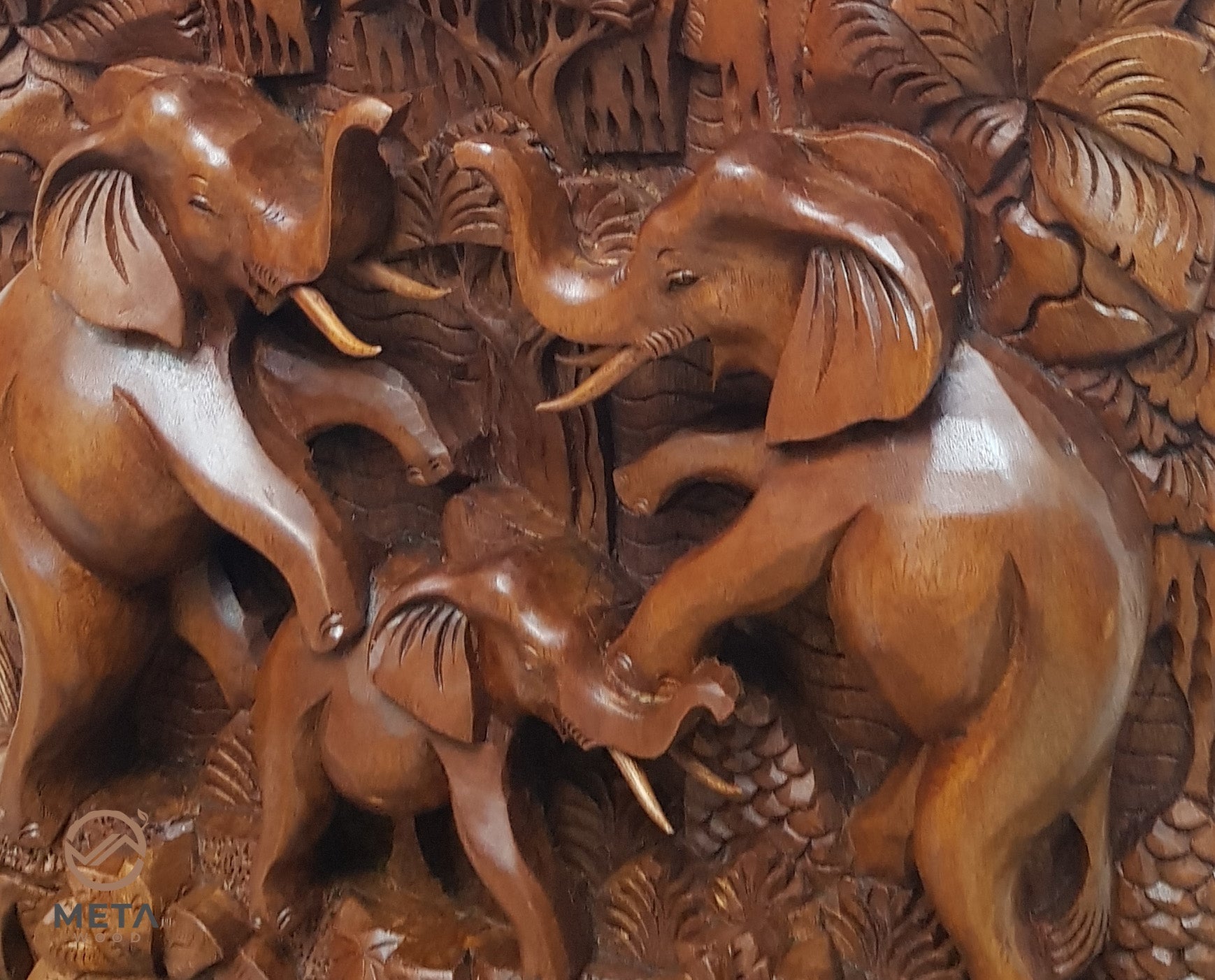 Balinese Carving Art : Reunion of Elephant Family - Meta Wood - Dark Brown Stained