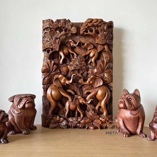 Balinese Carving Art : Reunion of Elephant Family - Meta Wood - Dark Brown Stained