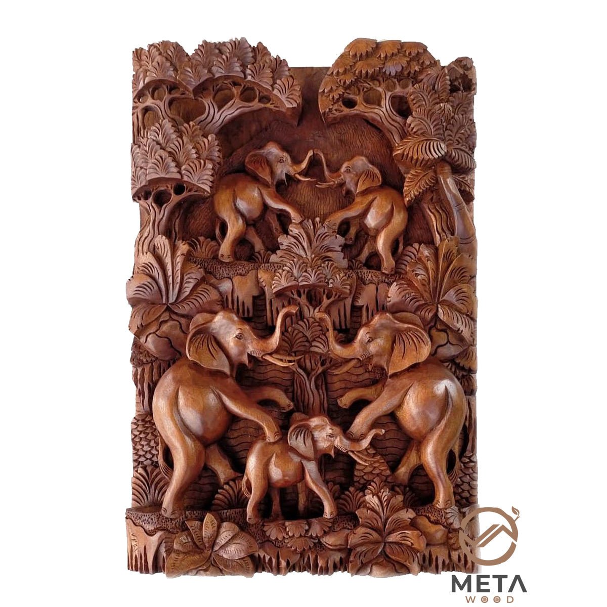 Balinese Carving Art : Reunion of Elephant Family - Meta Wood - Dark Brown Stained