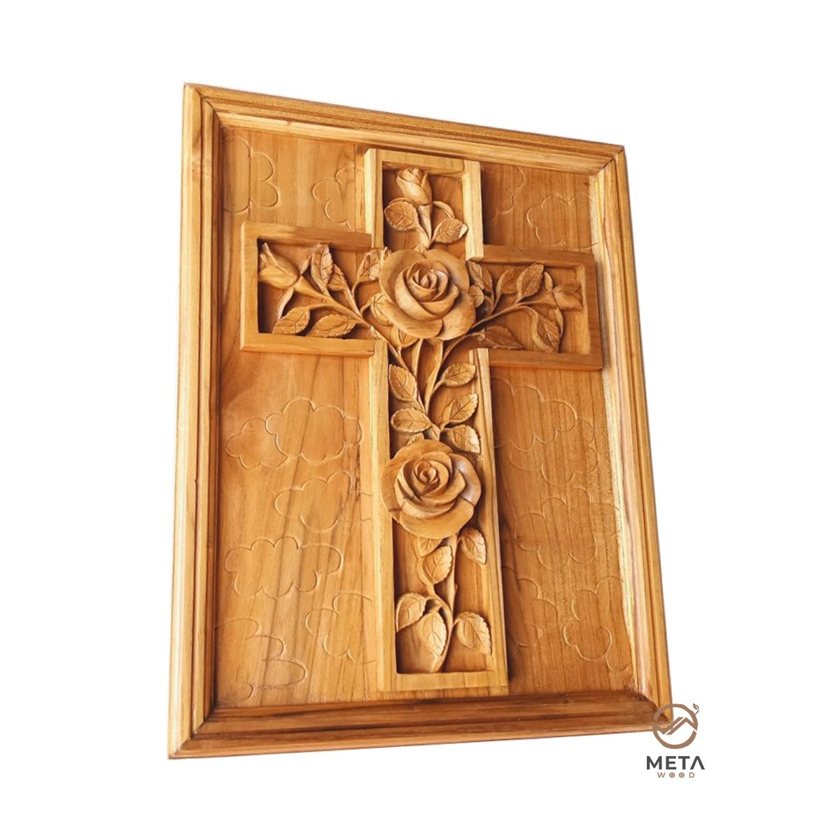 Floral Carving : Cross and Roses Style A - Meta Wood -