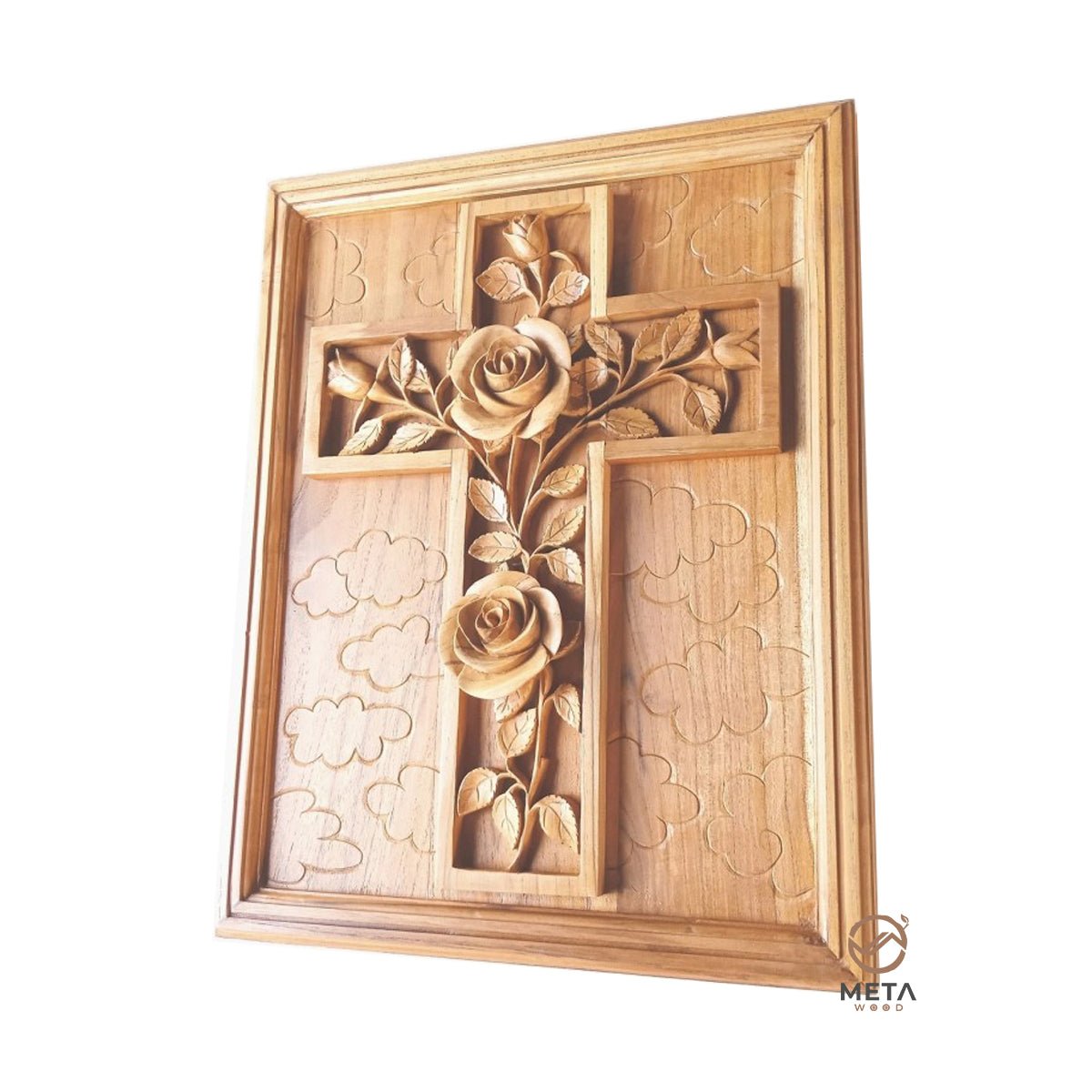 Floral Carving : Cross and Roses Style A - Meta Wood -