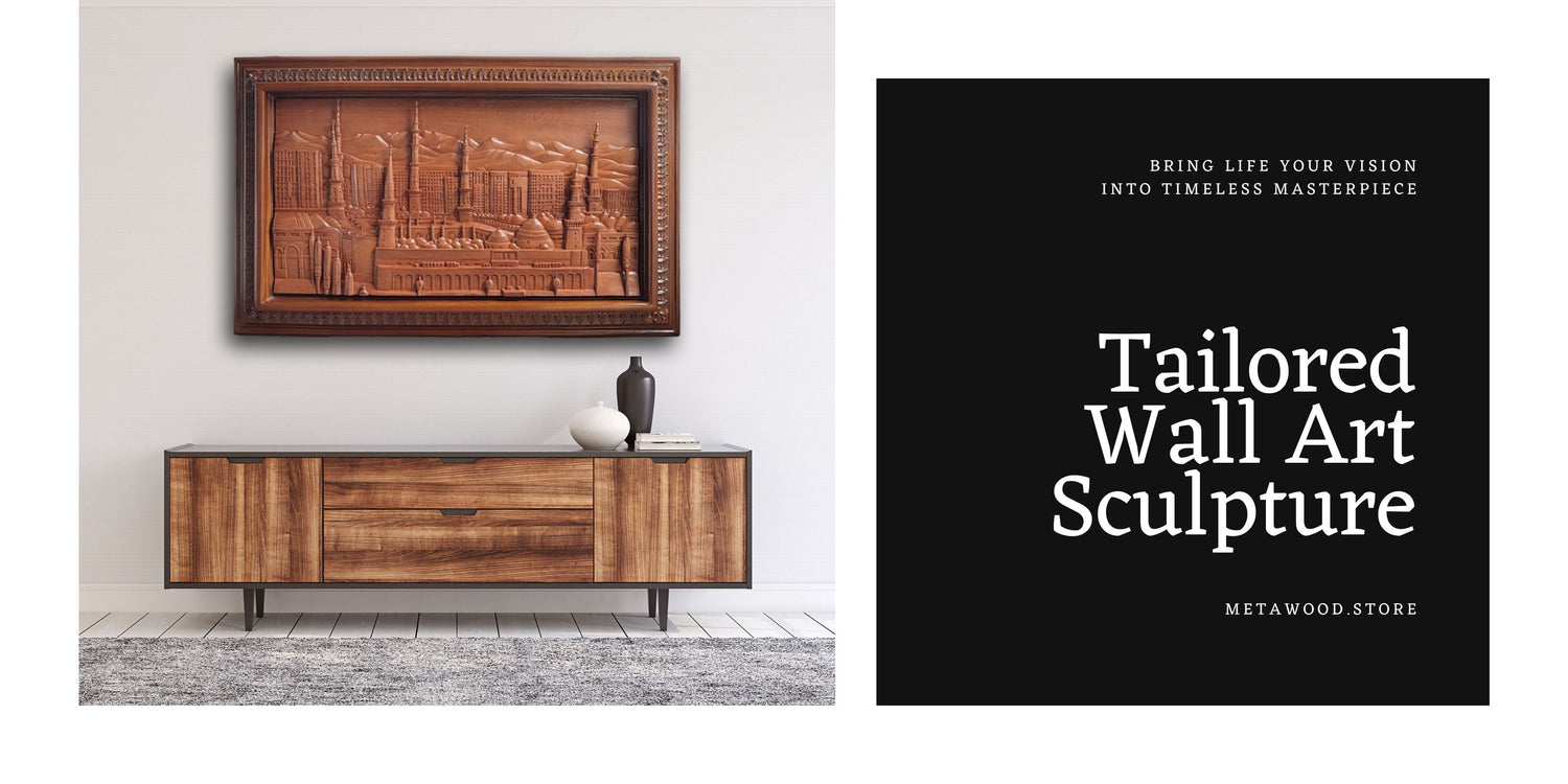 Elegant interior of a living room featuring a personalized wooden wall sculpture above a wooden table, showcasing the seamless integration of custom art into home decor.