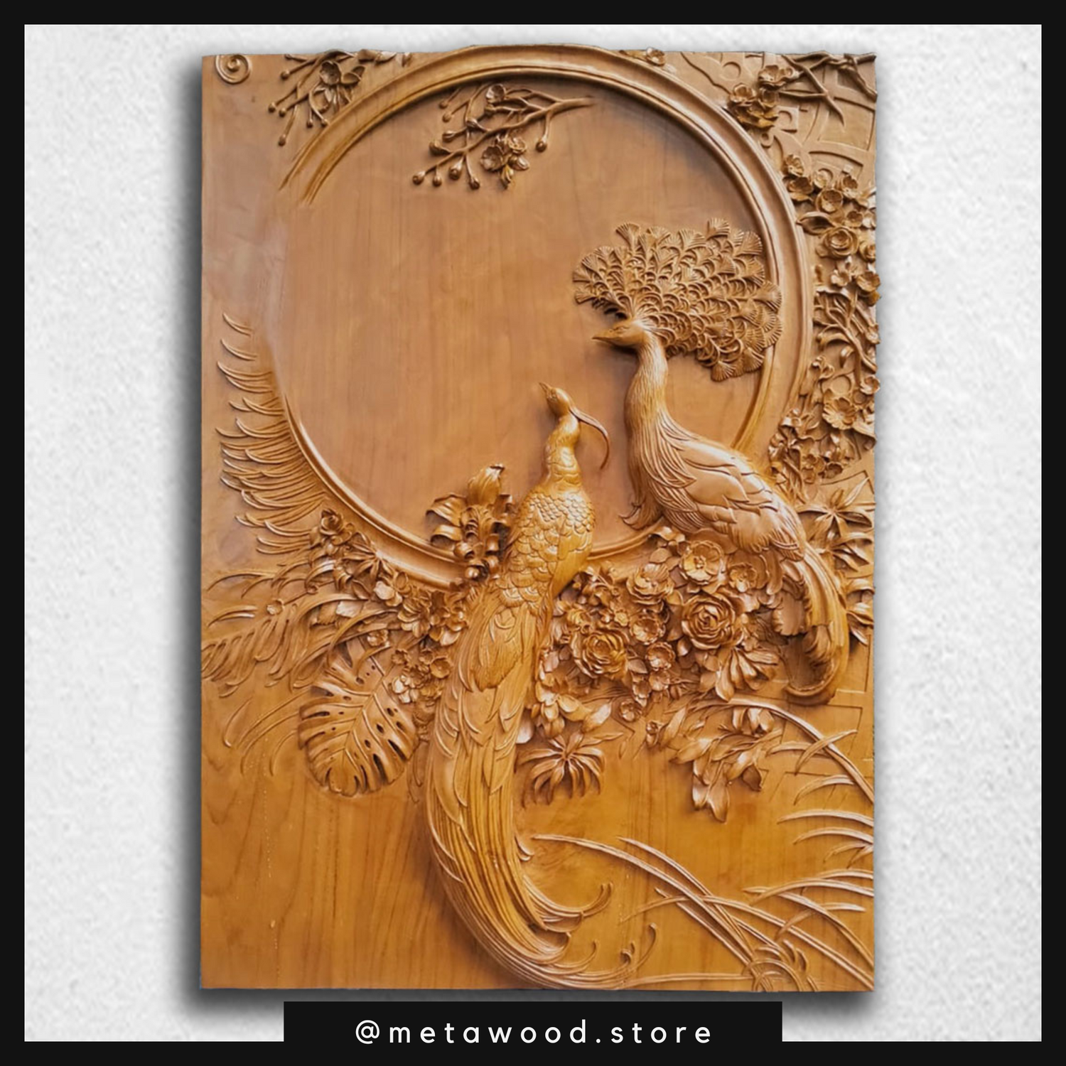 Beautiful wooden wall sculpture of a peacock couple surrounded by flowers, crafted in Art Nouveau style, highlighting the intricate details and vibrant artistry of our personalized wall sculptures.