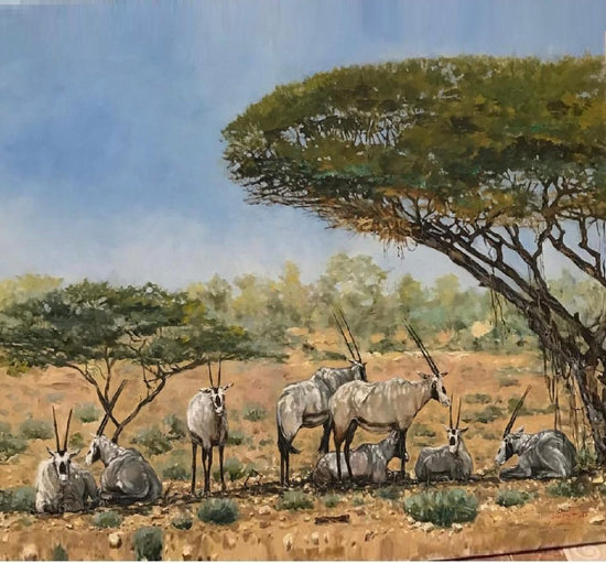 Sketch design of Qatar wildlife in the desert, featuring wild oxen and trees, for a personalized wooden wall sculpture project, illustrating the initial vision sharing step.