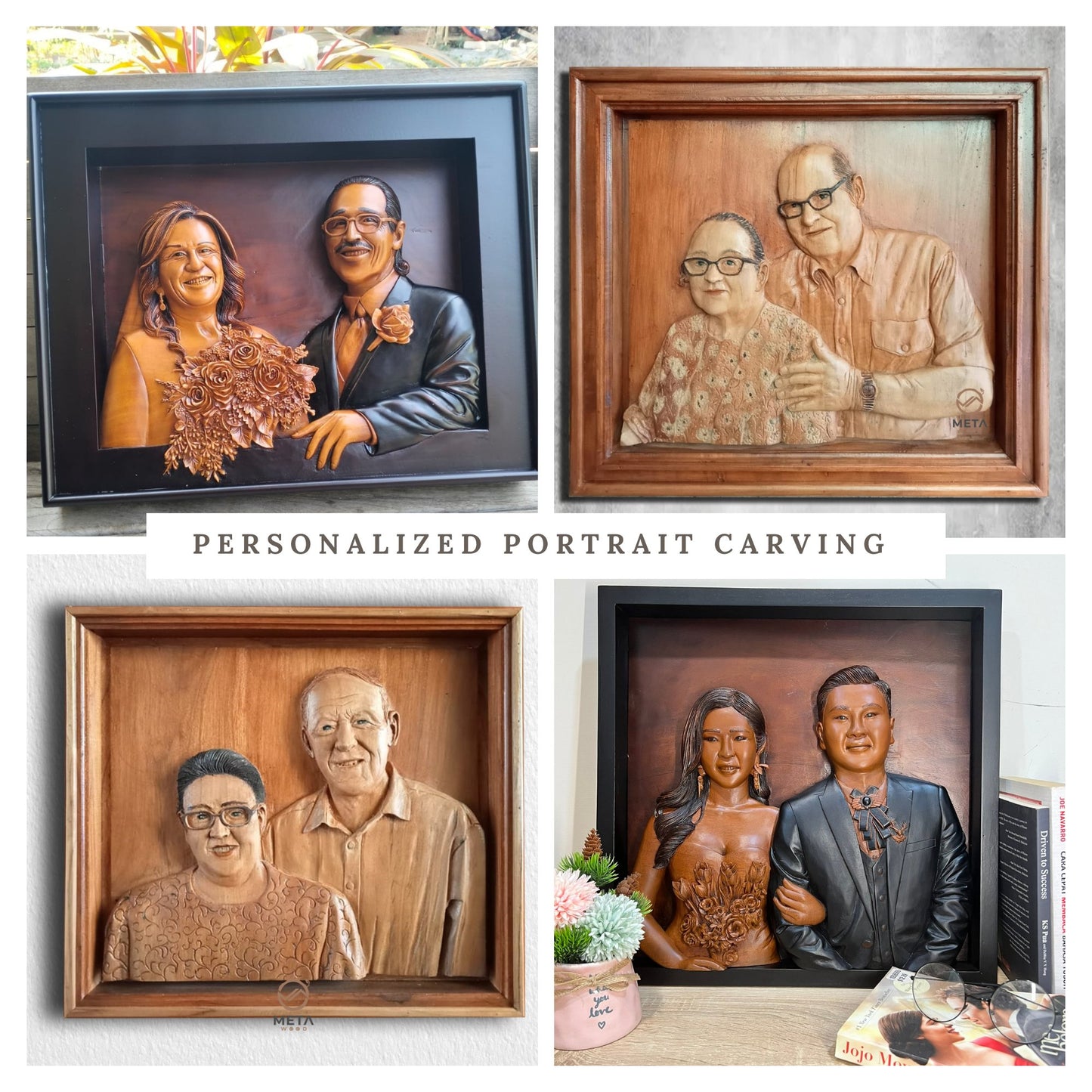 Personalized Custom 3D Realistic Double / Couple Photo Portrait Wood Relief Carving - Meta Wood - Size 1 - 11.8" W x 15.7" H Inches (30cm x 40 cm)