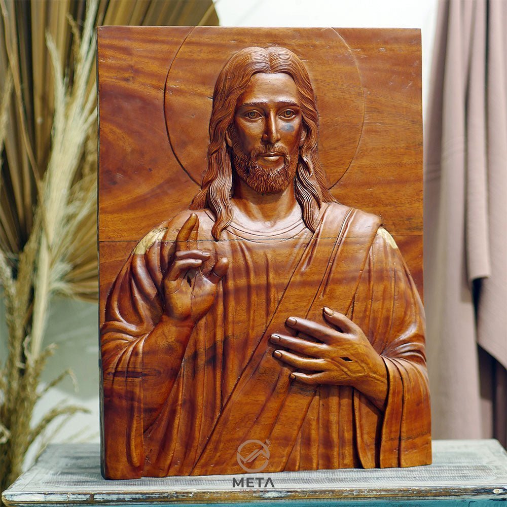 Portrait Carving, Jesus Christ Blessing Icon - Meta Wood -