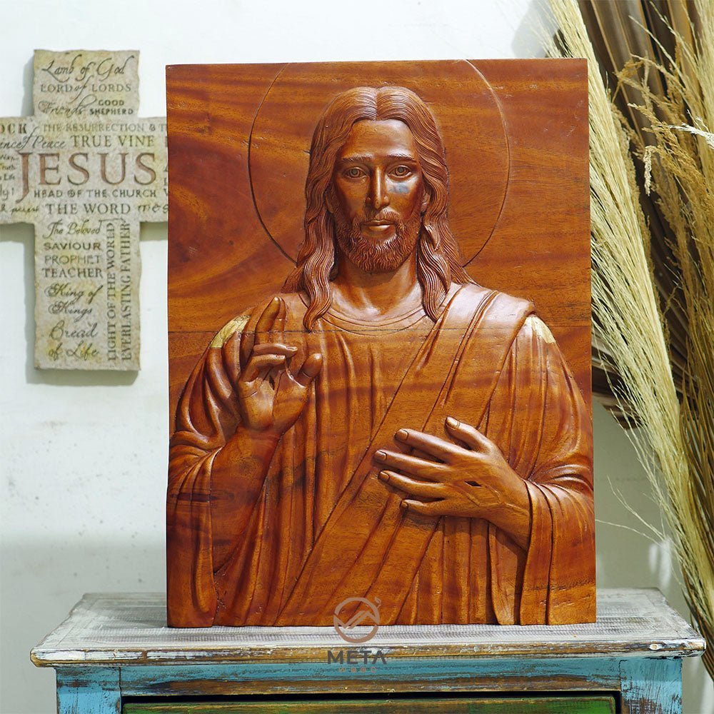 Portrait Carving, Jesus Christ Blessing Icon - Meta Wood -