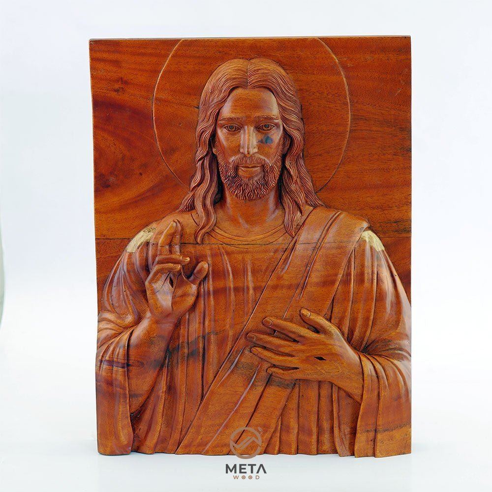 Portrait Carving, Jesus Christ Blessing Icon - Meta Wood -