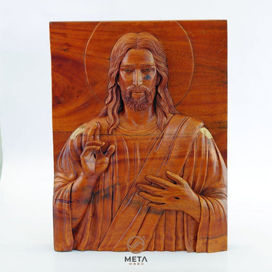 Portrait Carving, Jesus Christ Blessing Icon - Meta Wood -