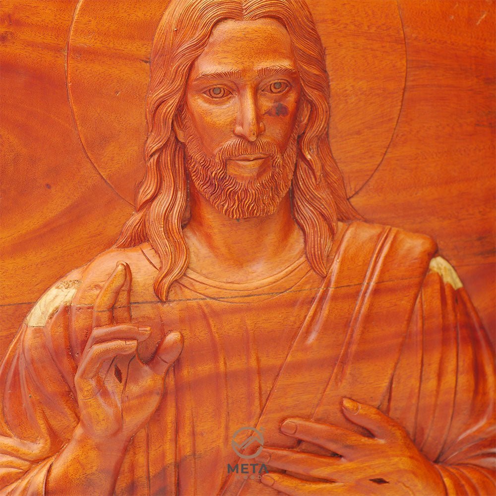 Portrait Carving, Jesus Christ Blessing Icon - Meta Wood -