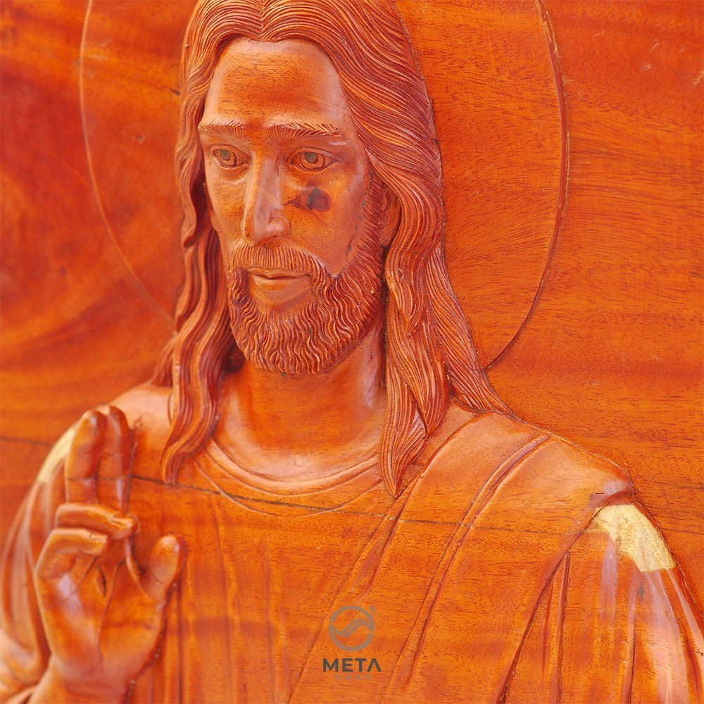 Portrait Carving, Jesus Christ Blessing Icon - Meta Wood -