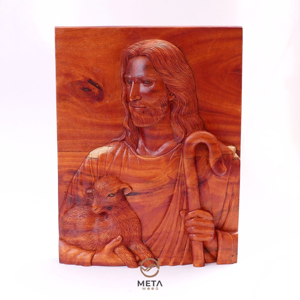Portrait Carving, Jesus Christ The Good Shepherd Icon - Meta Wood -