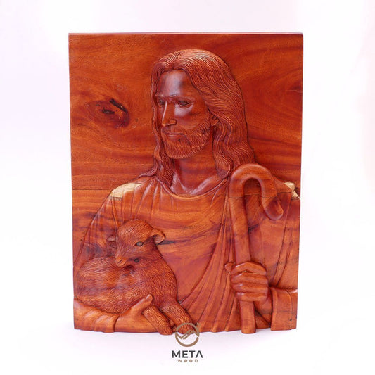 Portrait Carving, Jesus Christ The Good Shepherd Icon - Meta Wood -