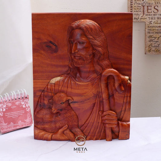 Portrait Carving, Jesus Christ The Good Shepherd Icon - Meta Wood -