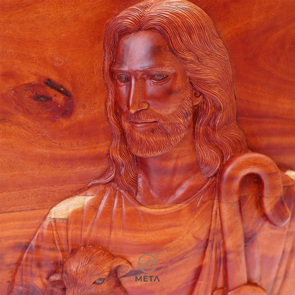 Portrait Carving, Jesus Christ The Good Shepherd Icon - Meta Wood -