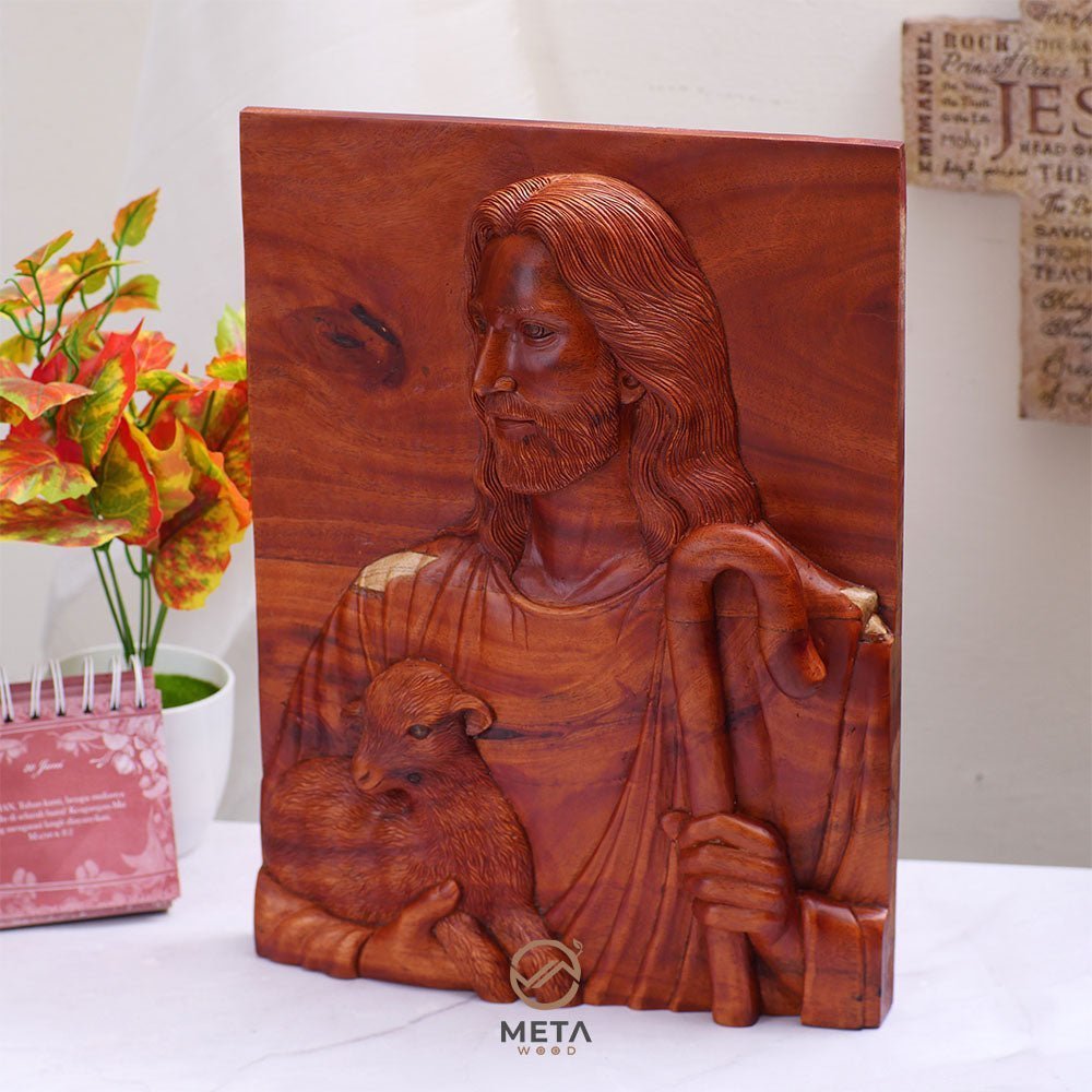 Portrait Carving, Jesus Christ The Good Shepherd Icon - Meta Wood -