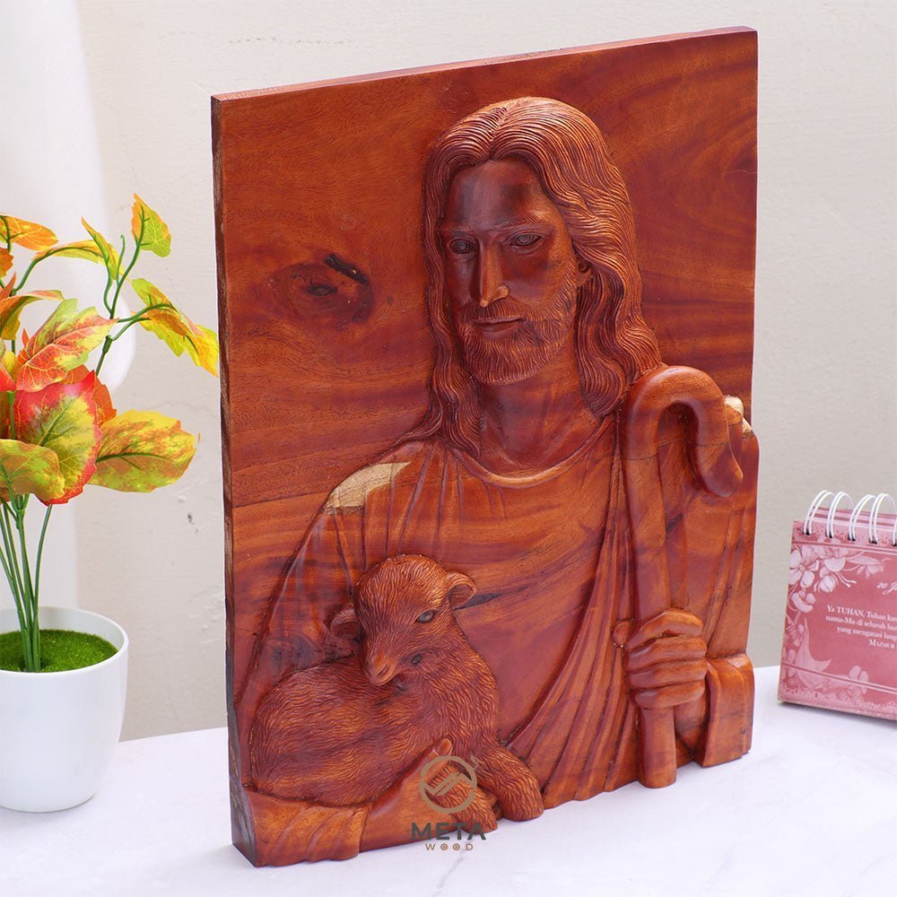 Portrait Carving, Jesus Christ The Good Shepherd Icon - Meta Wood -