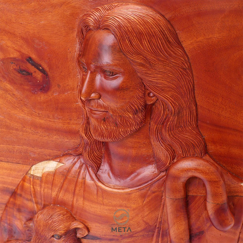 Portrait Carving, Jesus Christ The Good Shepherd Icon - Meta Wood -