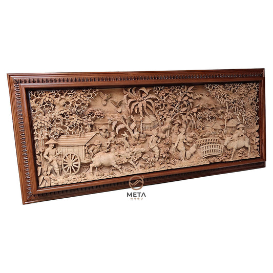 Signature Carving, Rural Village Life Scenery - Meta Wood - Size 1 - 59" W x 23.6" H (150cm x 60cm)
