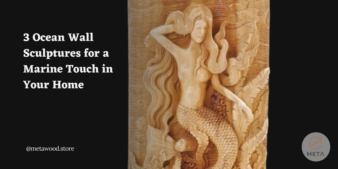 Marine-themed wood relief sculpture collection by Metawood, featuring sea turtles, enchanting mermaids, and dynamic fish carvings for coastal and ocean-inspired decor.