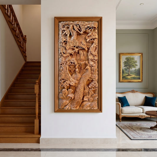 Peacock Courtship — Hand Carved Balinese Relief Panel
