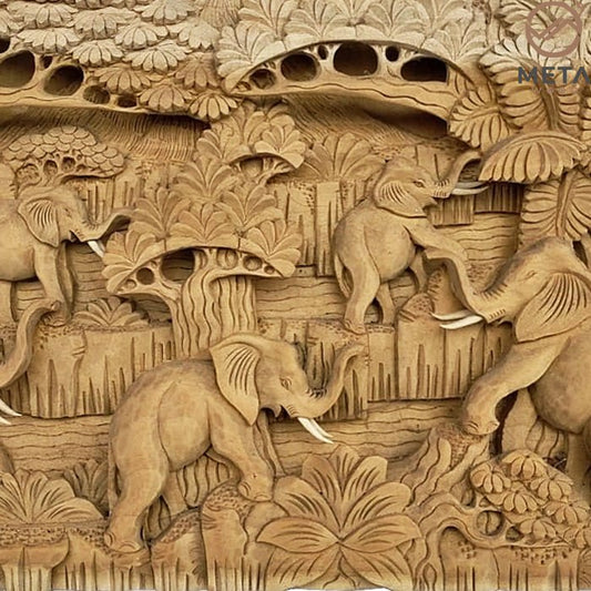 Balinese Carving Art : Calling The Elephant Herd - Meta Wood - Dark Brown Stained