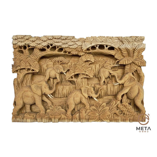 Balinese Carving Art : Calling The Elephant Herd - Meta Wood - Dark Brown Stained