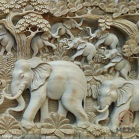 Balinese Carving Art : Elephant Families Gathering - Meta Wood - Dark Brown Stained