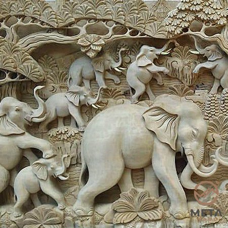 Balinese Carving Art : Elephant Families Gathering - Meta Wood - Dark Brown Stained