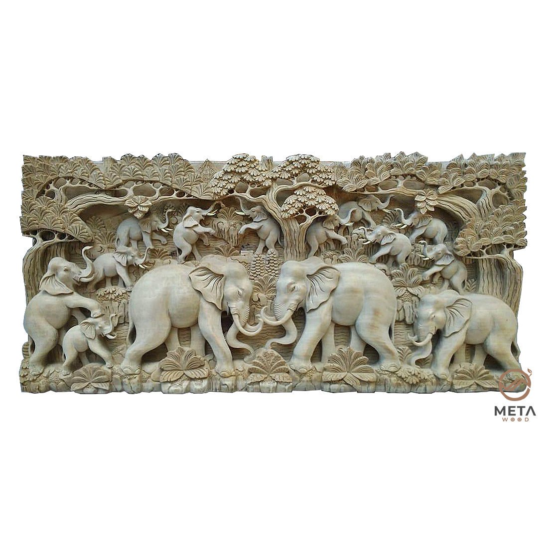 Balinese Carving Art : Elephant Families Gathering - Meta Wood - Dark Brown Stained