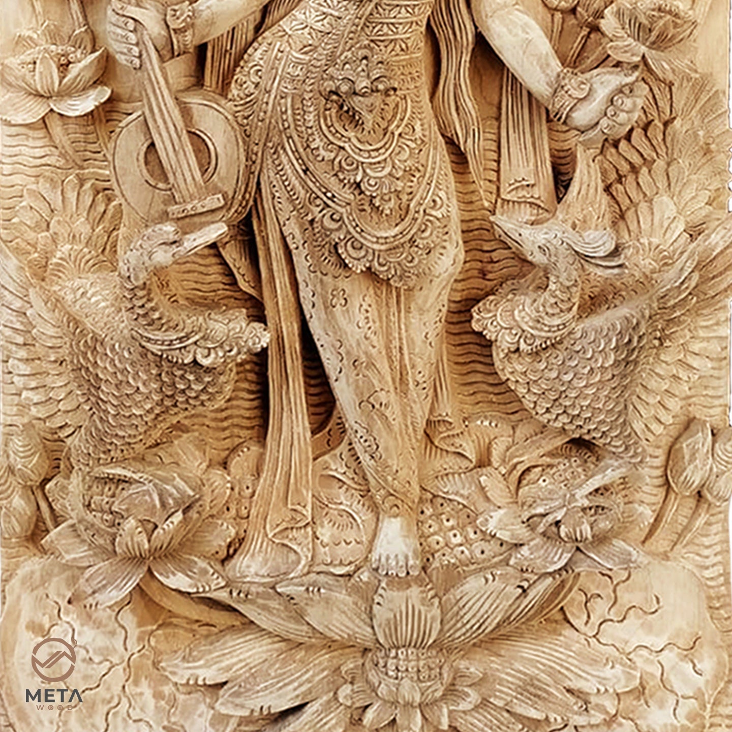 Balinese Carving Art : Goddess Saraswati - Meta Wood - Dark Brown Stained