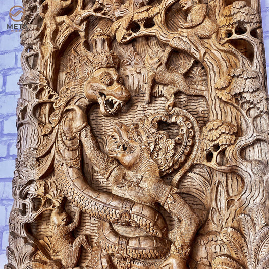 Balinese Carving Art : Hanuman fighting Vasuki Serpent King - Meta Wood - Dark Brown Stained