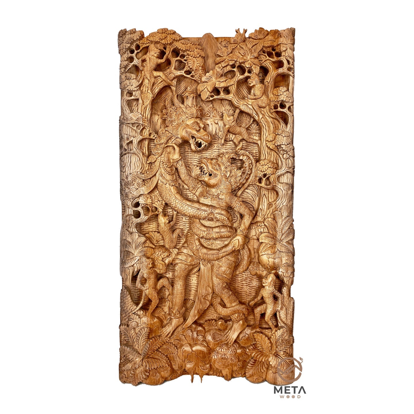 Balinese Carving Art : Hanuman fighting Vasuki Serpent King - Meta Wood - Dark Brown Stained