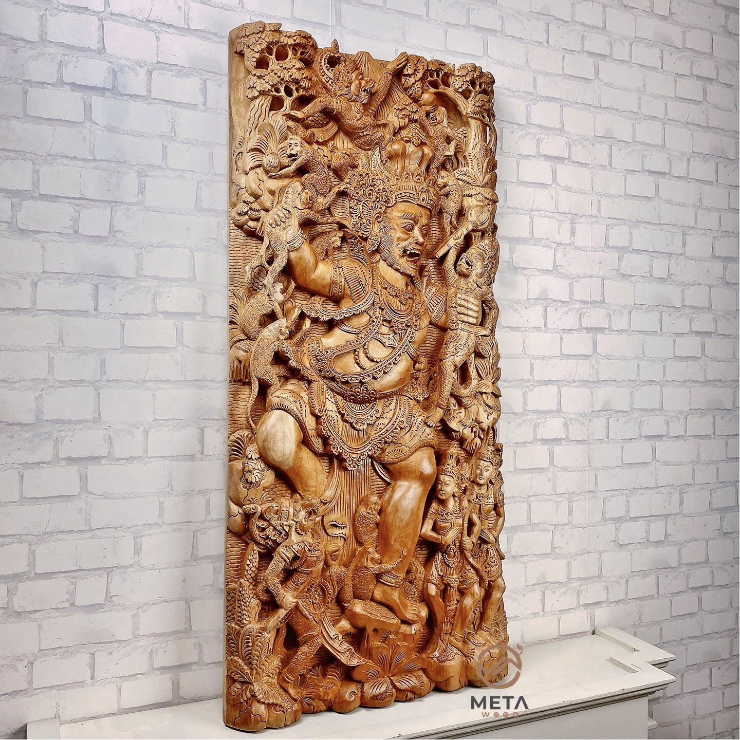 Balinese Carving Art : Hanuman vs Kumbakarna - Meta Wood - Dark Brown Stained