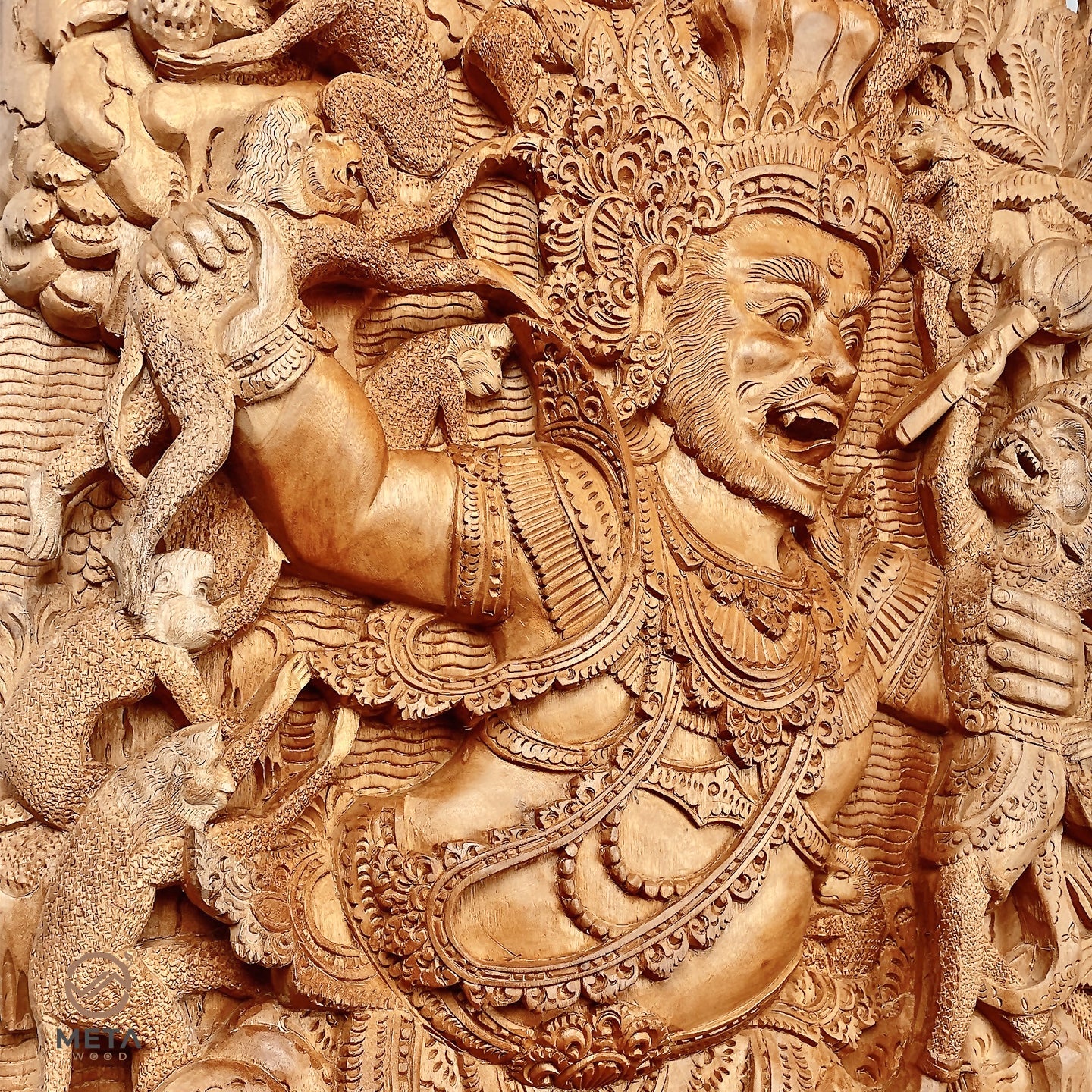 Balinese Carving Art : Hanuman vs Kumbakarna - Meta Wood - Dark Brown Stained