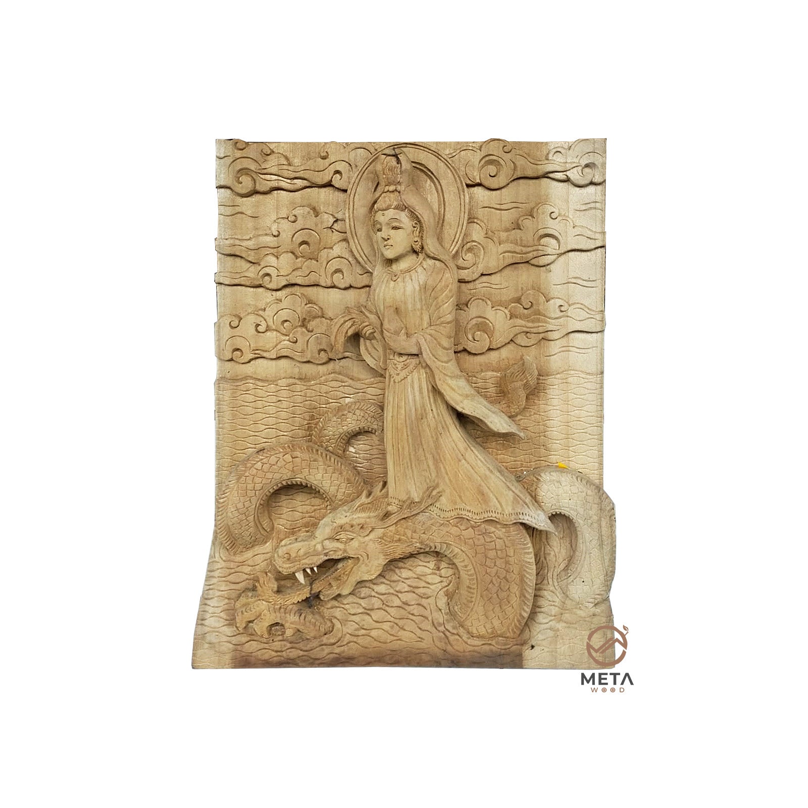 Balinese Carving Art : Kuan Yin Ridding Dragon - Meta Wood - Dark Brown Stained