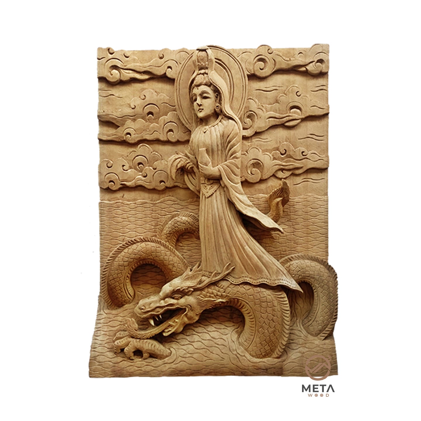 Balinese Carving Art : Kuan Yin Ridding Dragon - Meta Wood - Dark Brown Stained