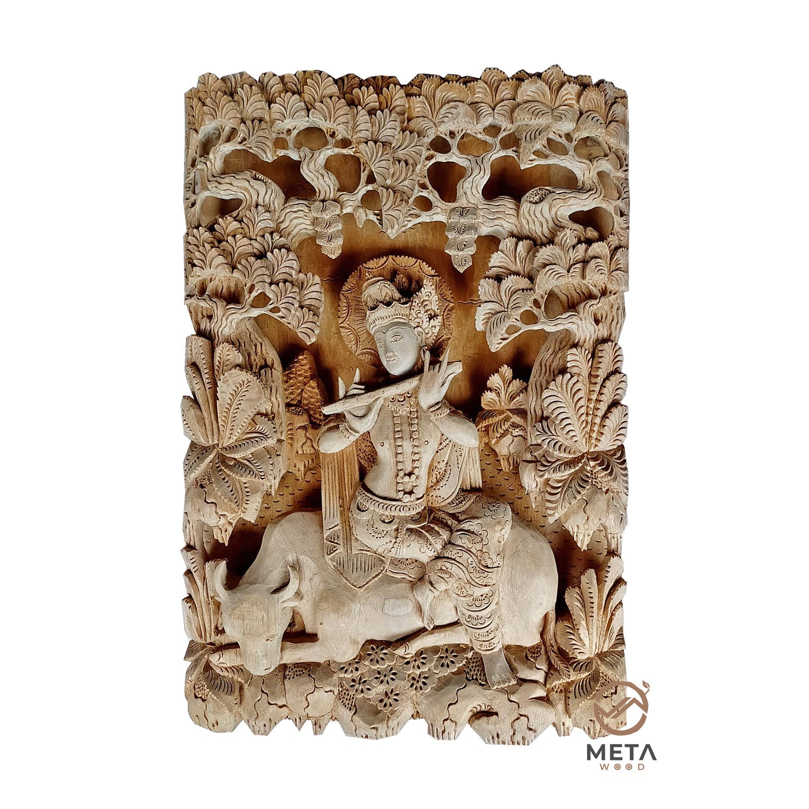 Balinese Carving Art : Lord Krishna with His Cow - Meta Wood - Dark Brown Stained