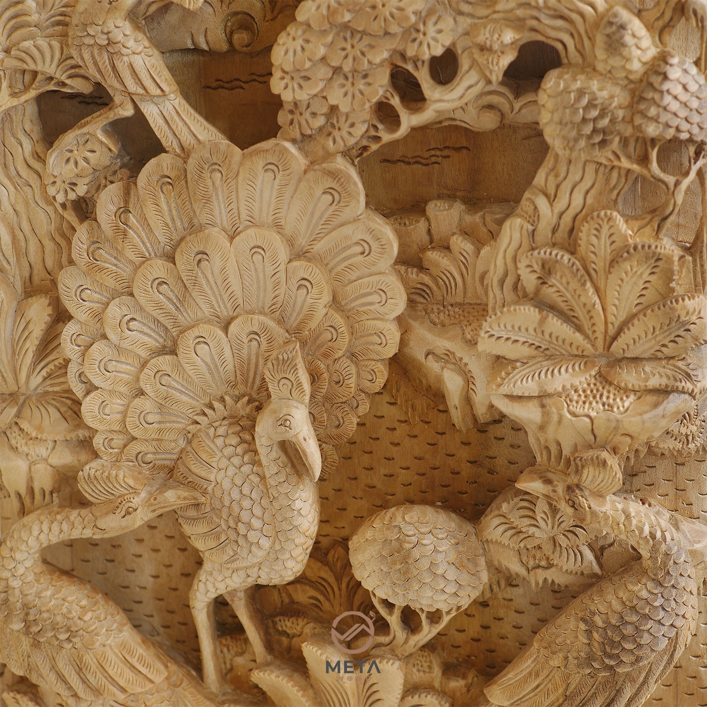 Balinese Carving Art : Paradise of Great Peacocks - Meta Wood - Dark Brown Stained