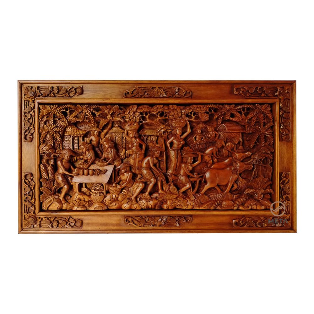 Balinese Carving Art : Rural Village Life - Meta Wood - Dark Brown Stained