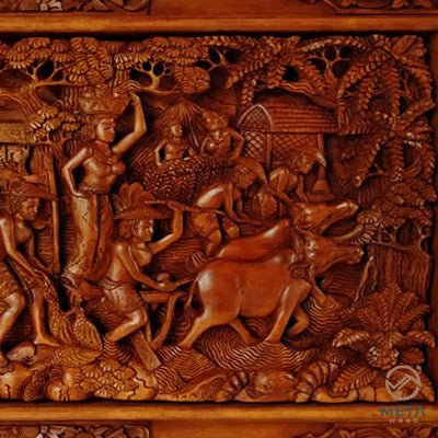 Balinese Carving Art : Rural Village Life - Meta Wood - Dark Brown Stained