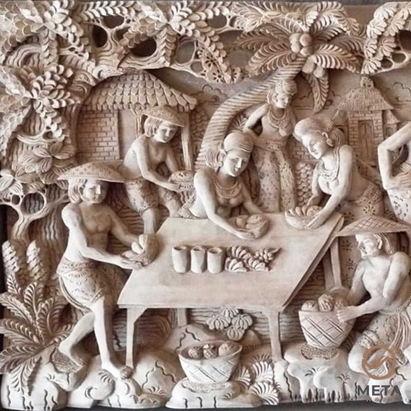 Balinese Carving Art : Rural Village Life - Meta Wood - Dark Brown Stained